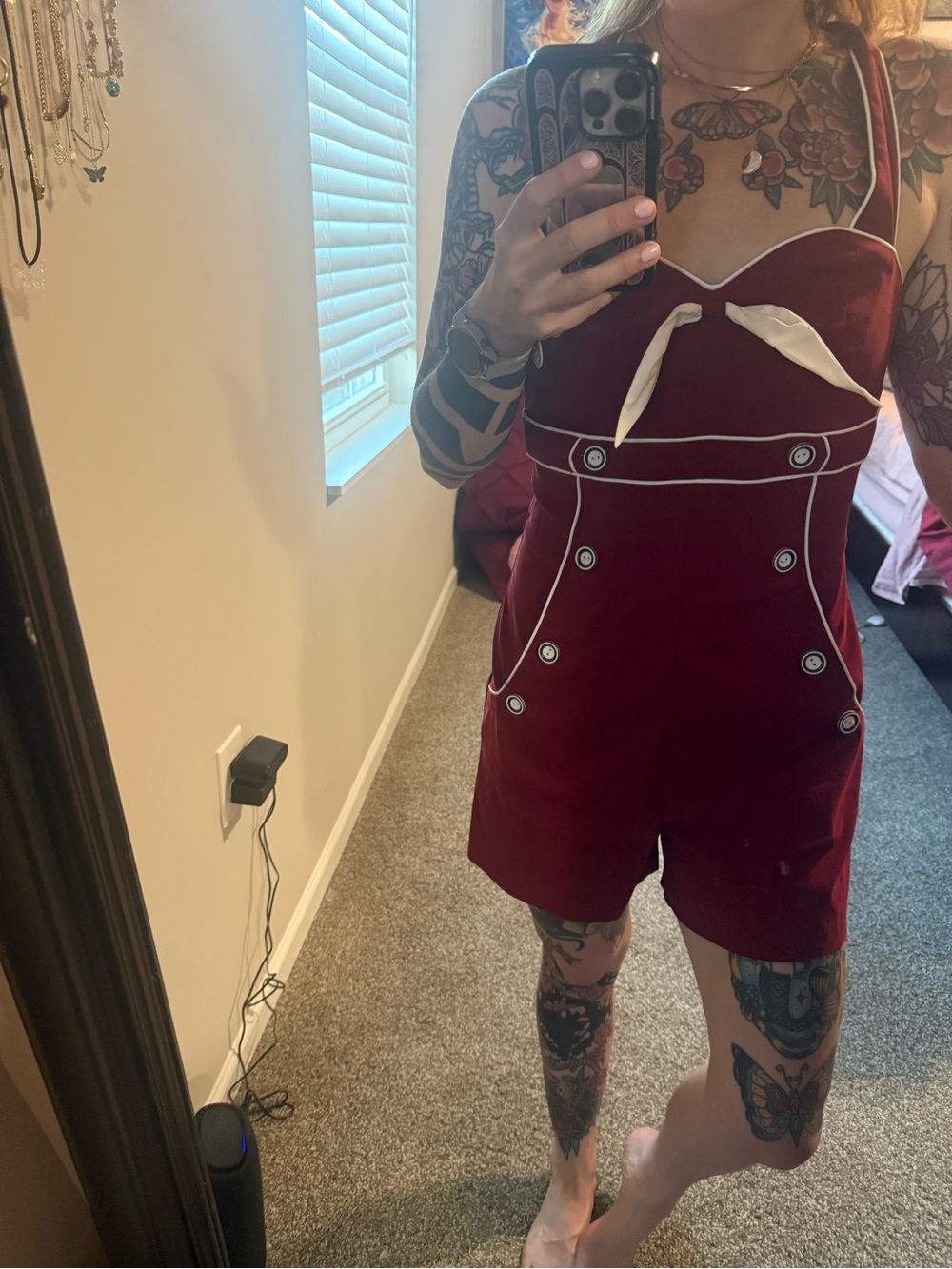 Vintage Wine Red Sailor Romper with Cream Trim